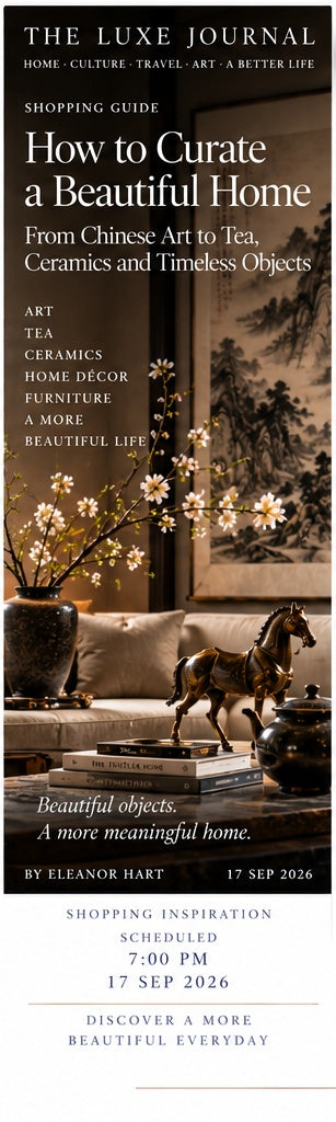 Luxury editorial cover for a shopping guide to Chinese art, tea, ceramics and timeless home decor