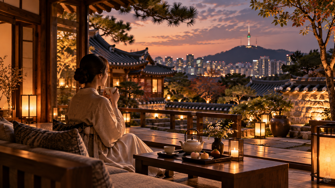 Seoul hanok courtyard at dusk with tea and city skyline