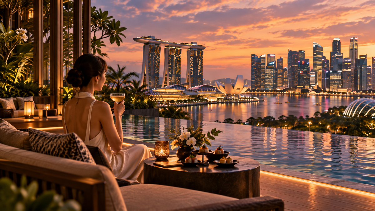 Singapore Marina Bay skyline at sunset from a luxury rooftop terrace