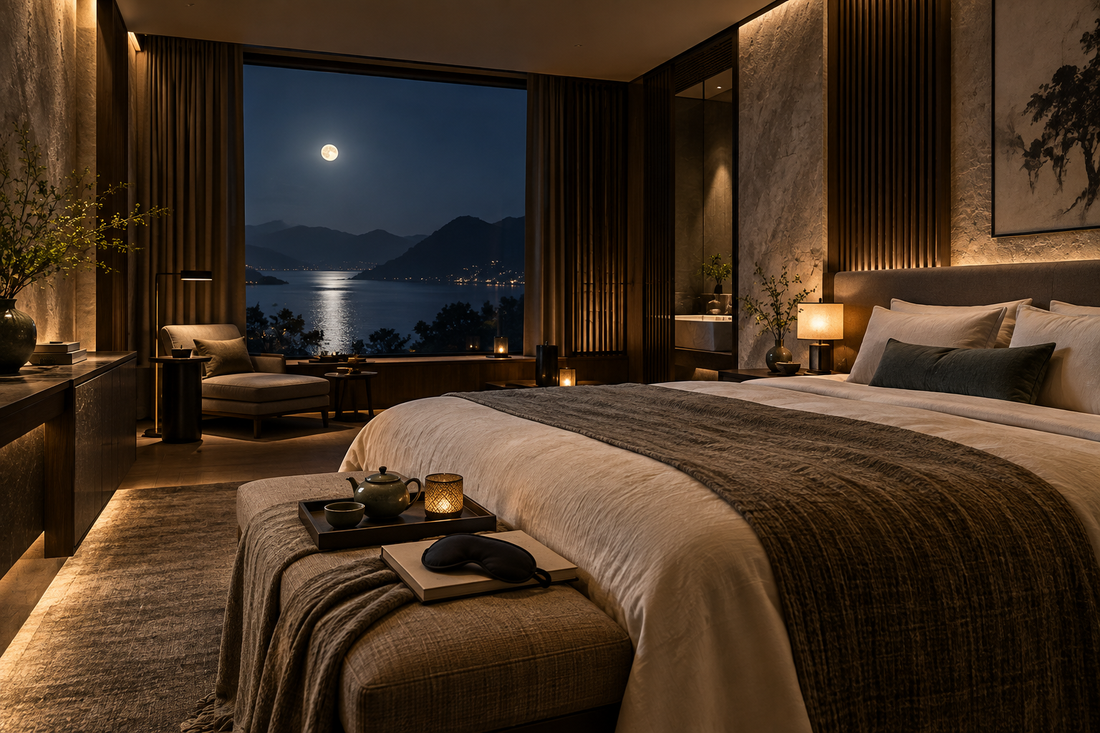 Luxury sleep tourism hotel bedroom designed for darkness quiet and rest