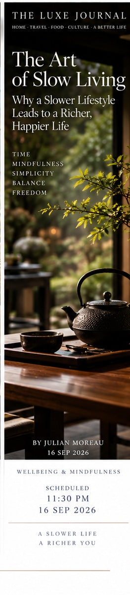Luxury lifestyle magazine cover showing a serene tea ritual and garden view for slow living