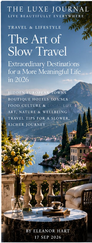 The Luxe Journal editorial cover for a slow travel guide with a refined lakeside European destination