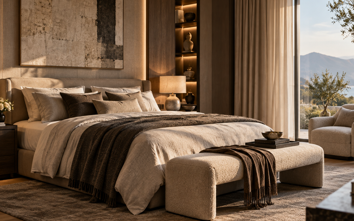Small luxury bedroom with layered textiles, storage and soft lighting