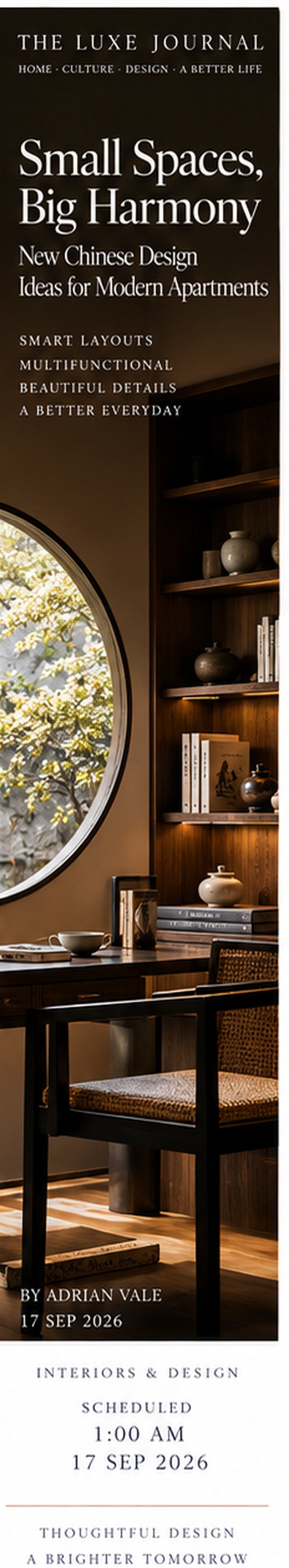 Luxury New Chinese apartment interior magazine cover with circular opening, shelving, ceramics and compact tea-dining space