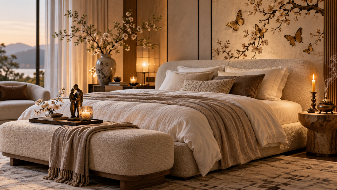 Soft contemporary Western bedroom styled with Chinese ceramics candlelight butterfly art and incense