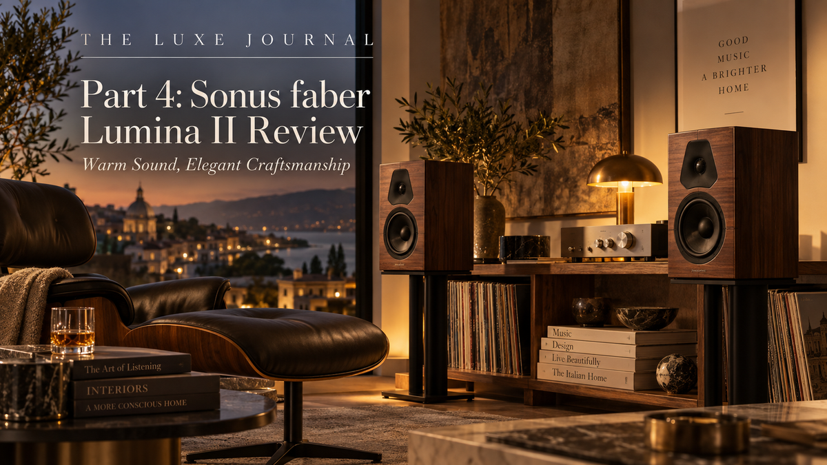 Editorial illustration inspired by Sonus faber Lumina II in a warm listening room