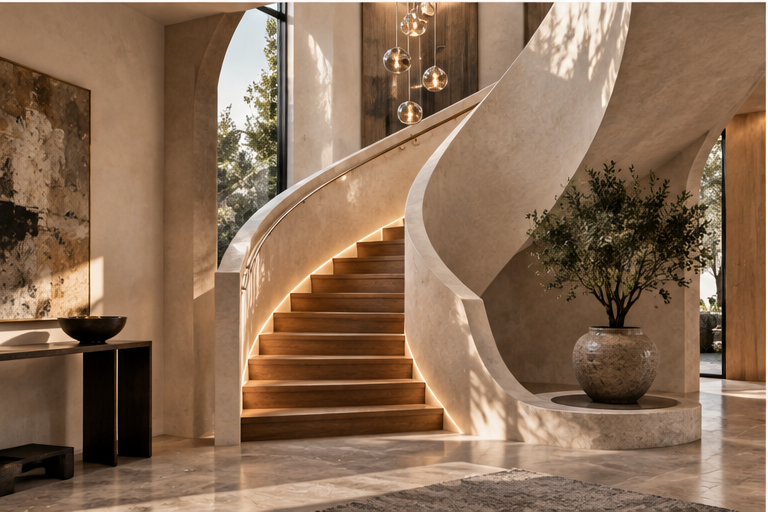 Sculptural curved staircase with warm wood steps and integrated lighting