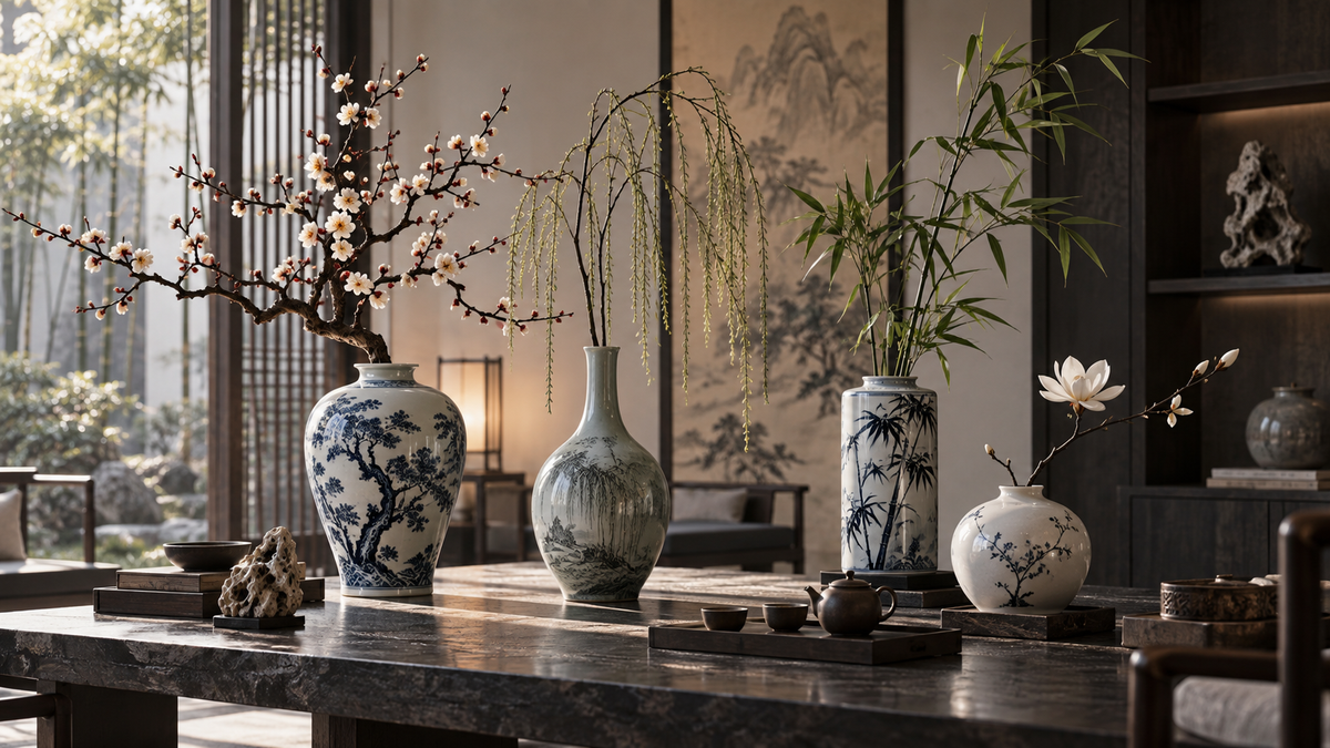 Chinese ceramic vases styled with plum blossom, willow, bamboo and minimal branches