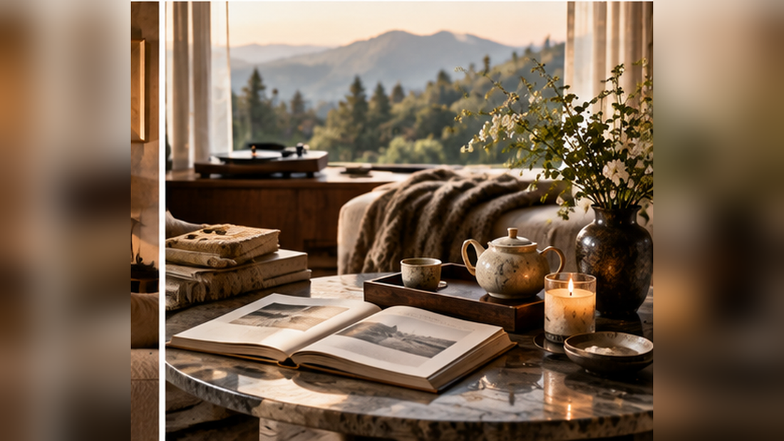 Slow living Sunday ritual with tea, books, flowers and mountain view