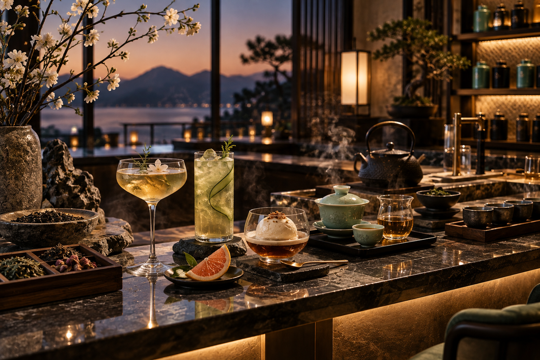Luxury tea bar with sparkling tea, tea affogato and traditional tea ware