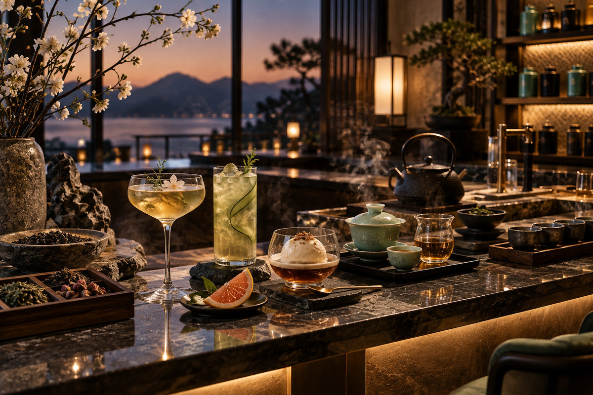 Luxury tea bar with sparkling tea, tea affogato and traditional tea ware
