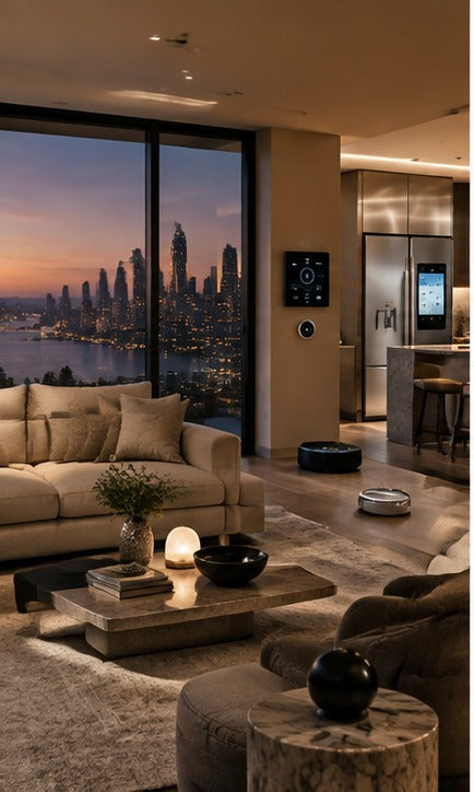 THE LUXE JOURNAL cover for agentic AI smart homes with connected lighting, appliances and voice-controlled systems in a luxury apartment