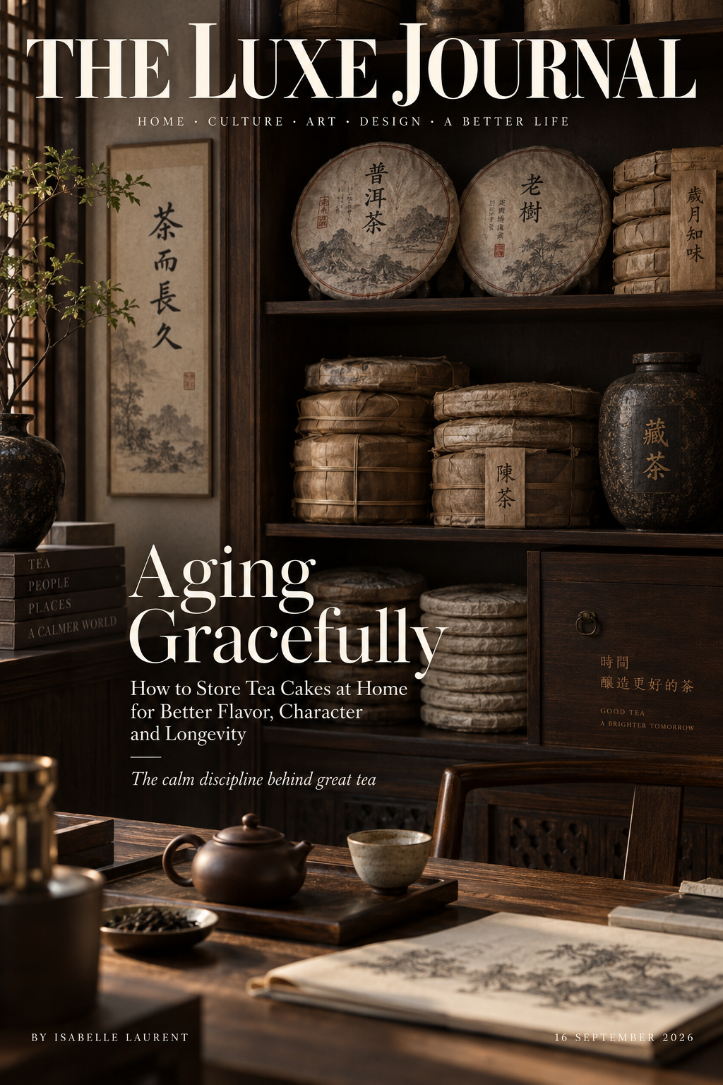 Luxury magazine cover about storing Pu-erh tea cakes at home for flavor, character and longevity