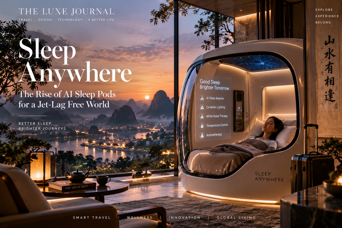 THE LUXE JOURNAL cover for AI sleep pods, circadian rest and the future of jet-lag recovery
