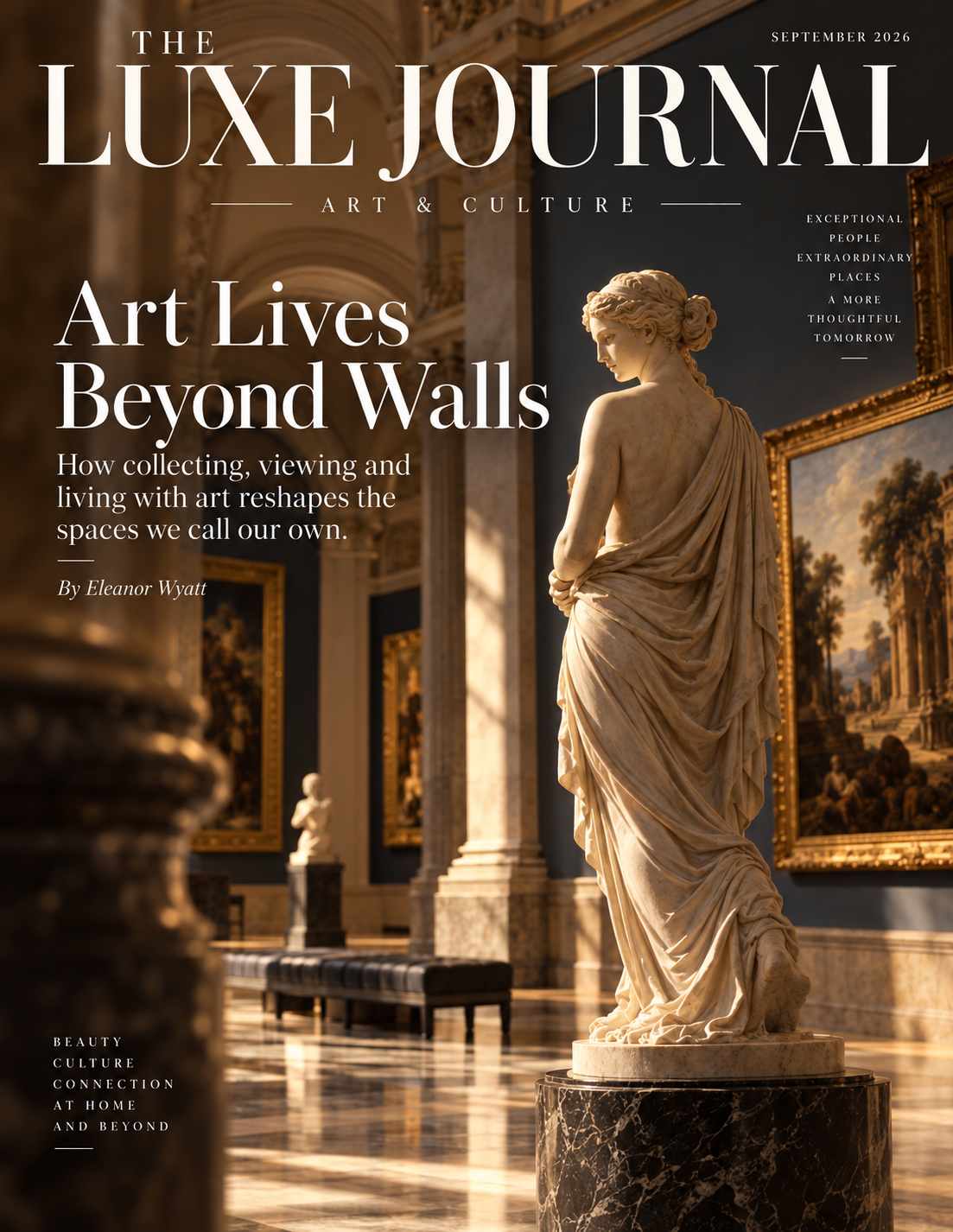 The Luxe Journal art and culture magazine cover featuring classical sculpture and museum galleries