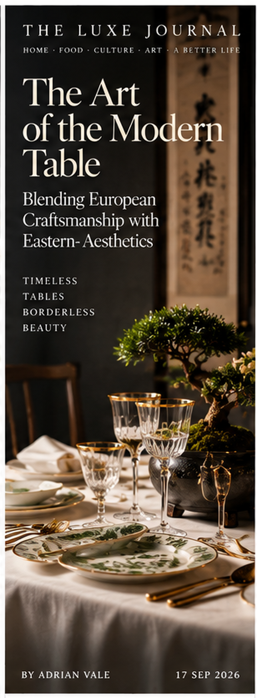 Luxury editorial cover showing European dining craftsmanship styled with Eastern aesthetics and contemplative interiors