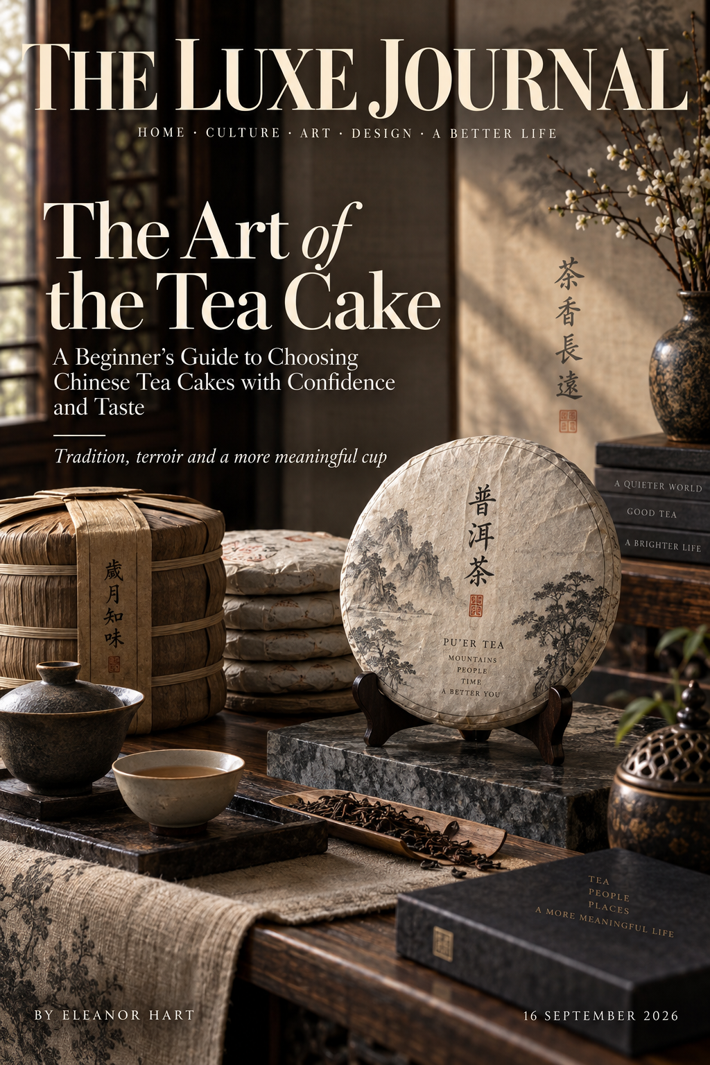 Luxury magazine cover for a beginner's guide to choosing Chinese Pu-erh tea cakes
