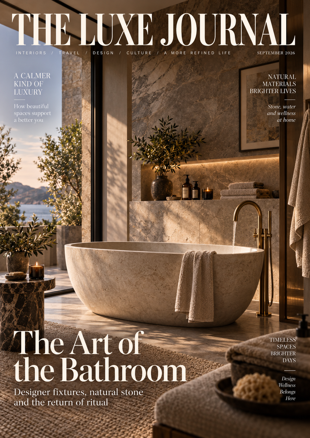 The Luxe Journal luxury bathroom cover featuring natural stone, sculptural bath, designer brassware and serene light
