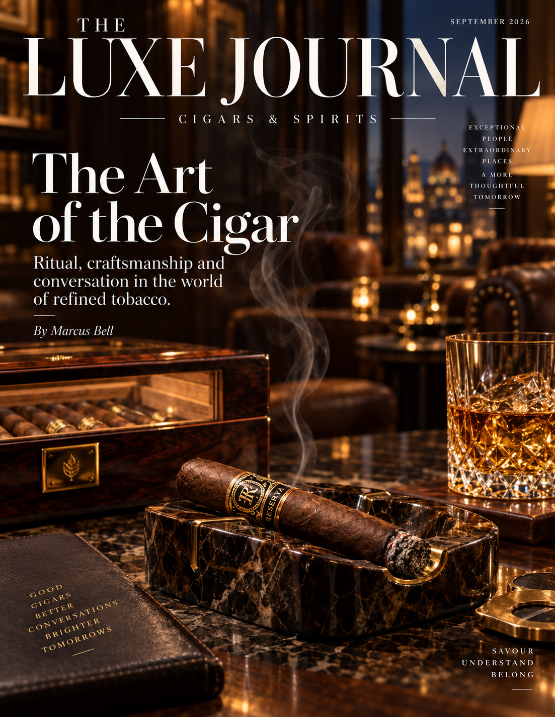 The Luxe Journal luxury magazine cover featuring a cigar lounge, humidor and whisky glass