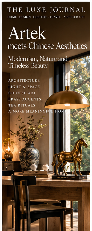 Editorial Nordic interior blending Artek Finnish modernism with Chinese brass decor, porcelain and tea culture