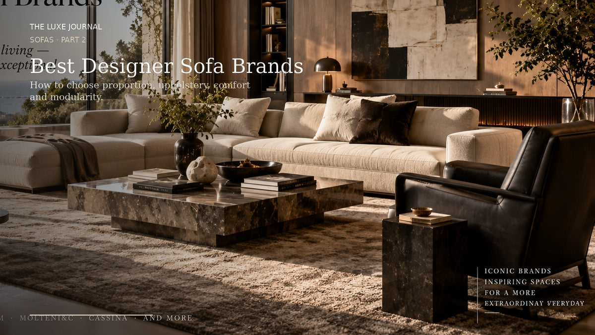 THE LUXE JOURNAL designer sofa brands guide featuring a premium modular sofa and luxury living room styling
