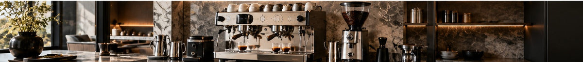 THE LUXE JOURNAL home espresso machine guide featuring a professional-style espresso machine, grinder and barista tools