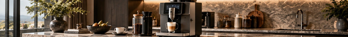 THE LUXE JOURNAL luxury coffee machine buying guide featuring a premium automatic coffee machine in a refined modern kitchen