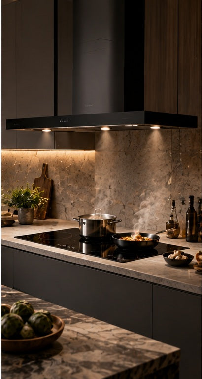 THE LUXE JOURNAL appliance news cover for Bosch premium built-in hobs and hoods in a modern luxury kitchen