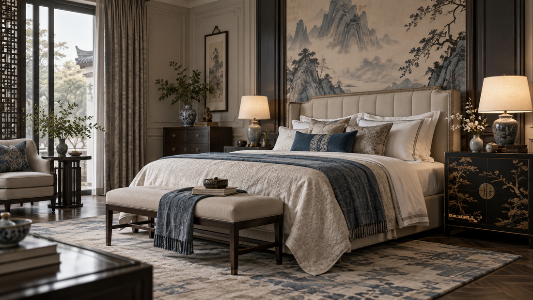 THE LUXE JOURNAL British and New Chinese bedroom with tailored bed, ink landscape, lacquer bedside cabinet and porcelain lighting