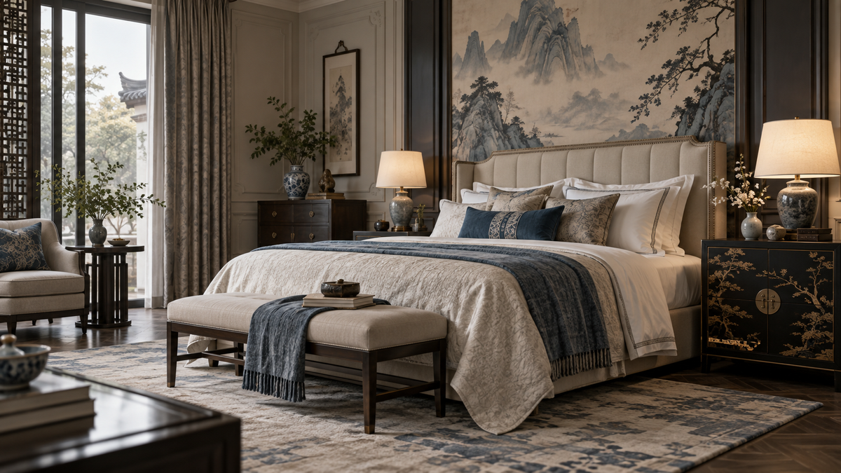 THE LUXE JOURNAL British and New Chinese bedroom with tailored bed, ink landscape, lacquer bedside cabinet and porcelain lighting