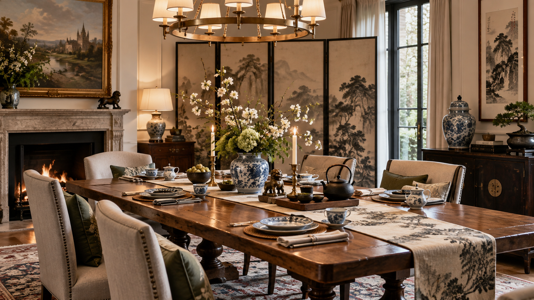 THE LUXE JOURNAL British and New Chinese dining room with warm timber, porcelain, ink art and layered lighting