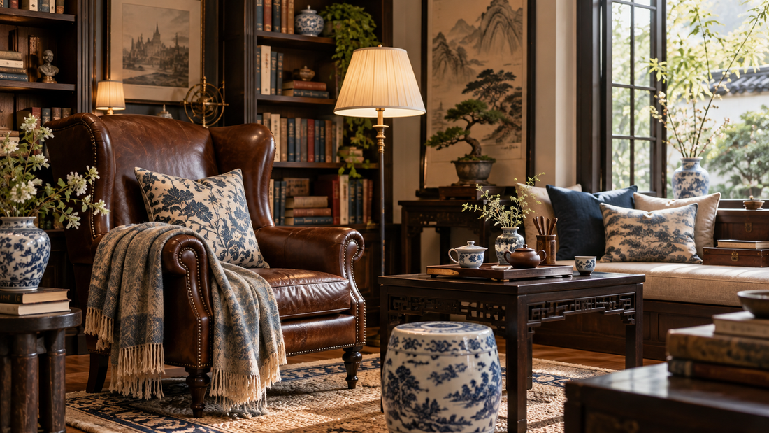 THE LUXE JOURNAL British library and Chinese tea room with leather wing chair, books, Yixing tea and blue-and-white porcelain