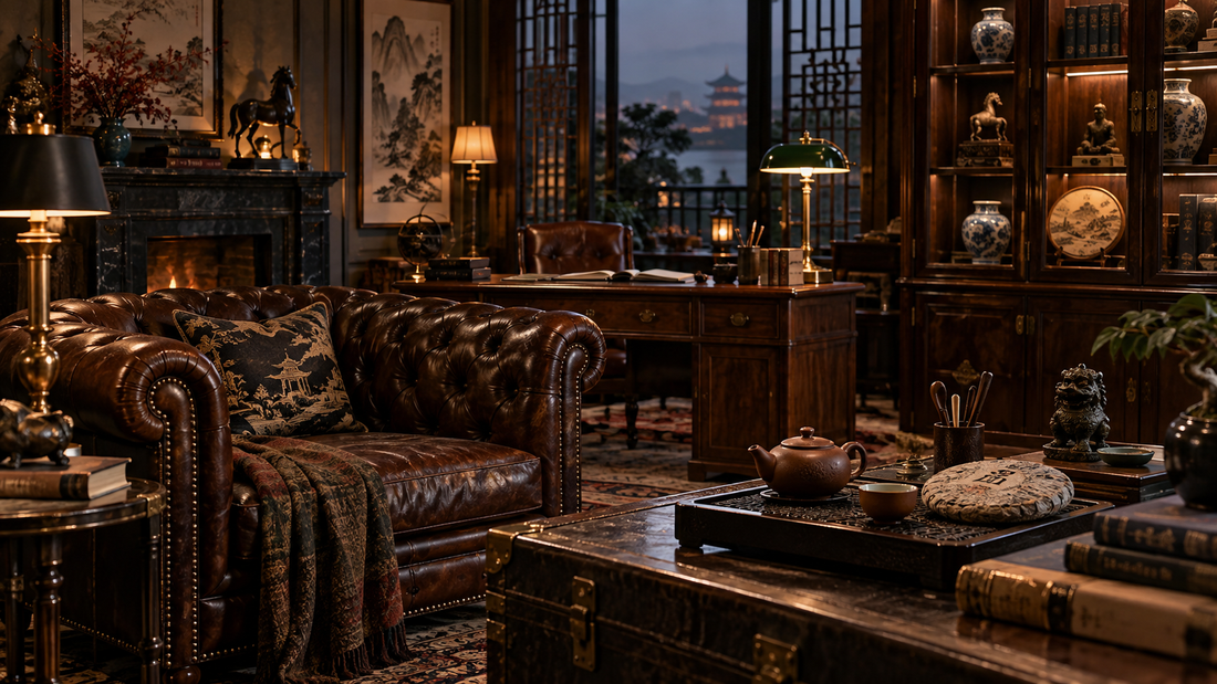 THE LUXE JOURNAL British and New Chinese study with leather Chesterfield seating, writing desk, tea service, books and lacquer cabinetry