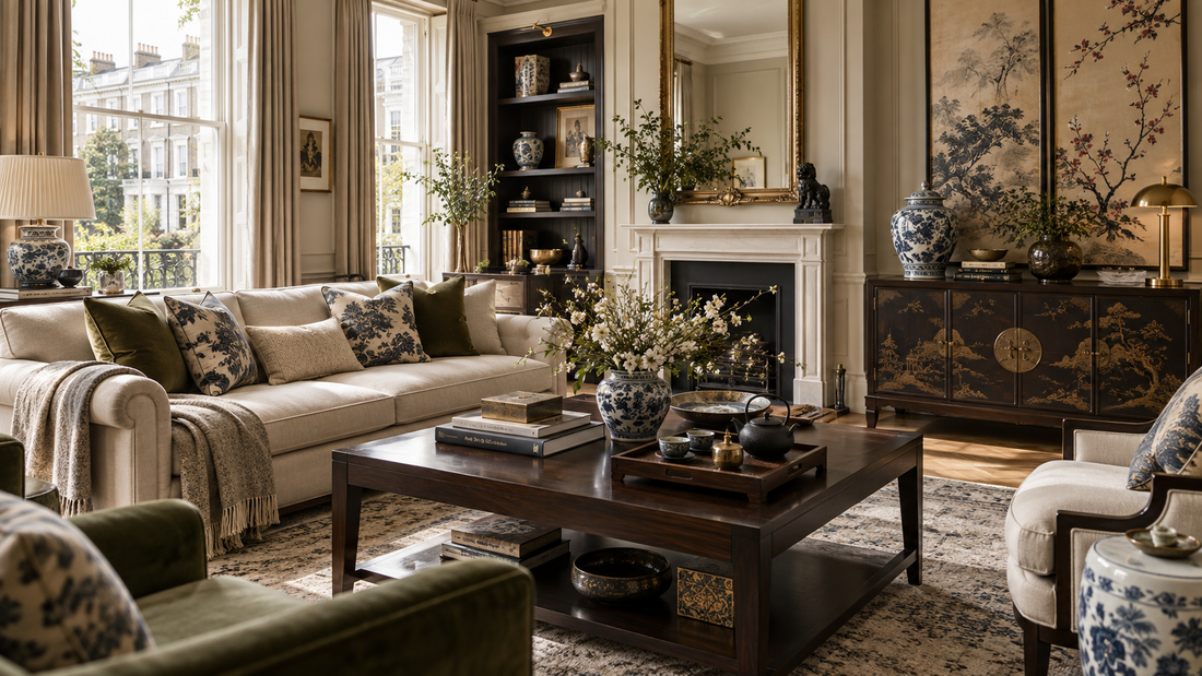 THE LUXE JOURNAL British and New Chinese living room with blue-and-white porcelain, dark timber, tailored upholstery and classic London architecture