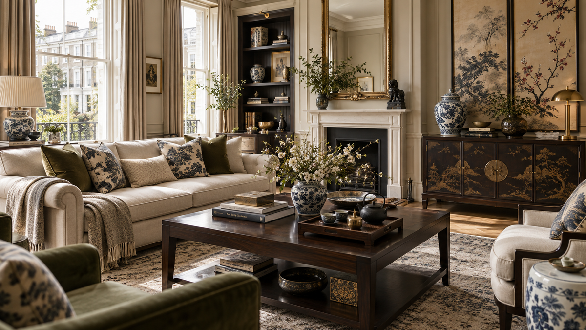 THE LUXE JOURNAL British and New Chinese living room with blue-and-white porcelain, dark timber, tailored upholstery and classic London architecture