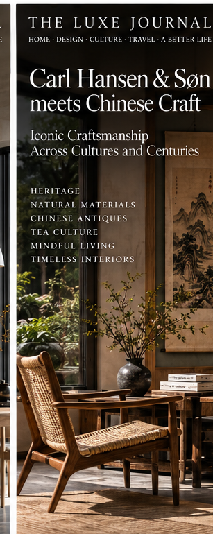 Editorial interior pairing Carl Hansen and Son Danish craftsmanship with Chinese art, tea ritual and decorative objects