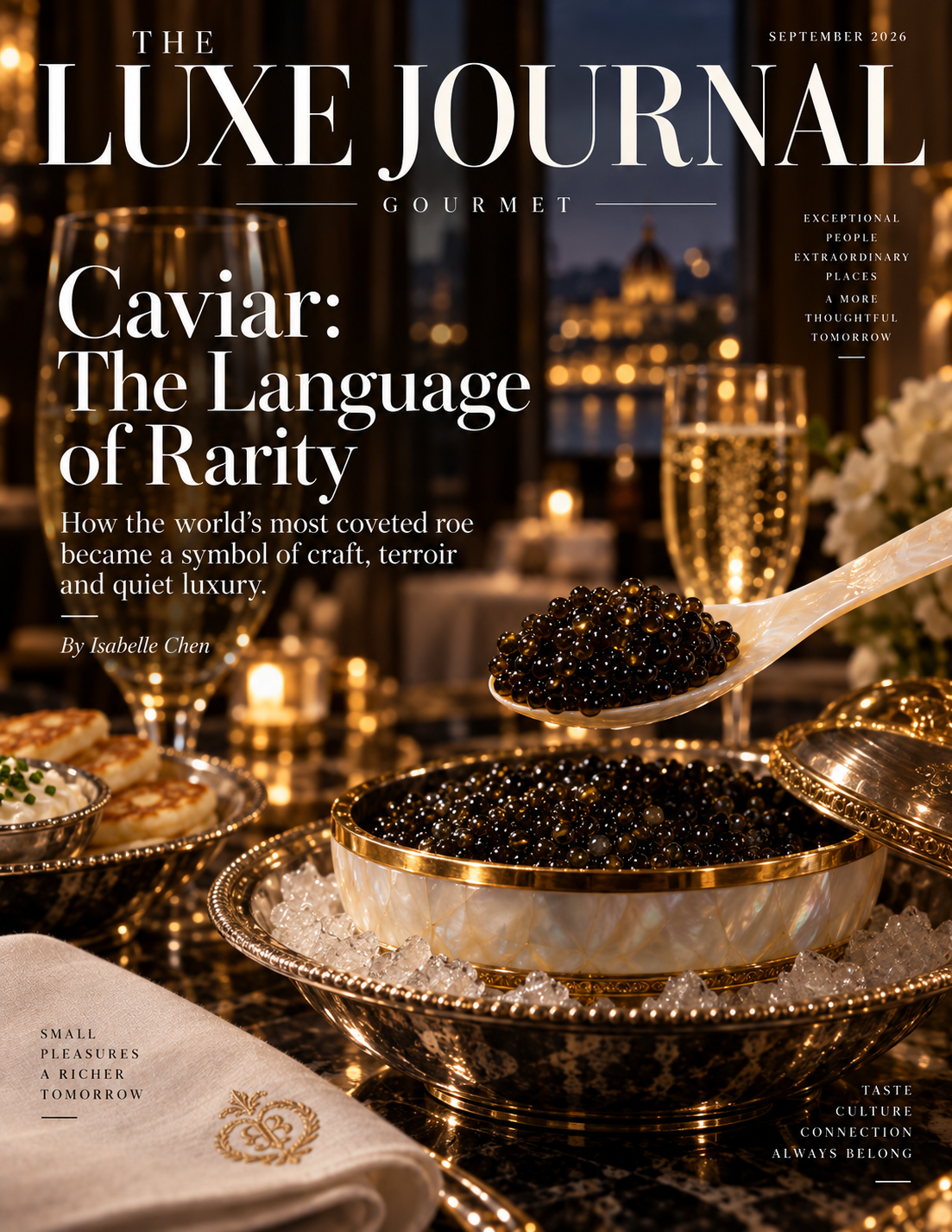 The Luxe Journal luxury magazine cover featuring caviar, fine tableware and Champagne