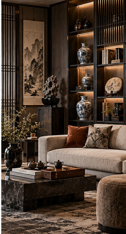 THE LUXE JOURNAL Chinese-style cigar lounge guide featuring tea cakes, Jingdezhen porcelain, scholar's rocks and refined display furniture