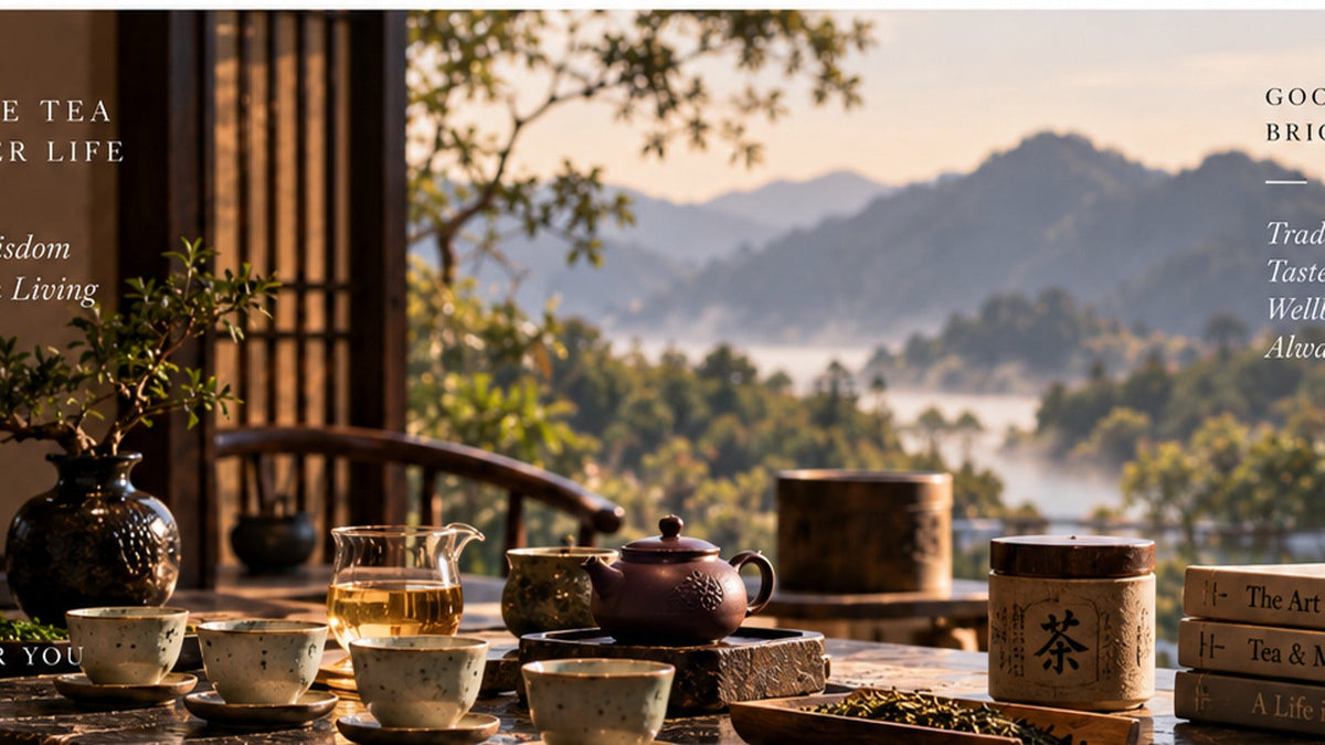 THE LUXE JOURNAL Chinese tea guide cover featuring multiple tea styles, teaware and a misty mountain setting