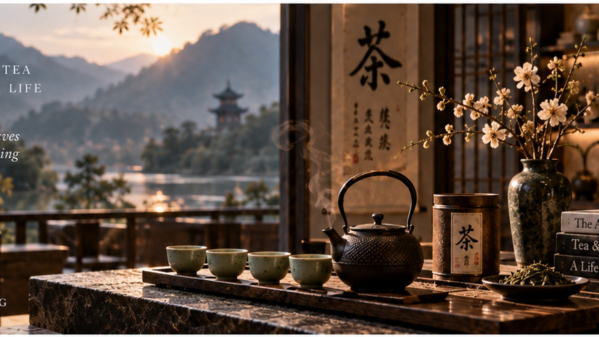 THE LUXE JOURNAL Chinese tea through the day cover with a calm tea setting and mountain view