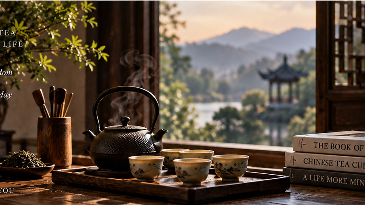 THE LUXE JOURNAL Chinese teaware guide cover with Yixing-style teapot, porcelain cups and traditional tea tools