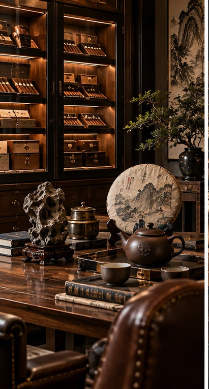THE LUXE JOURNAL cigar brands guide featuring a premium humidor, cigars, Pu-erh tea cake and refined Chinese-inspired decor