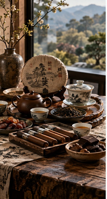 THE LUXE JOURNAL cigar and Chinese tea pairing guide featuring Pu-erh tea cake, Yixing teaware and premium cigars