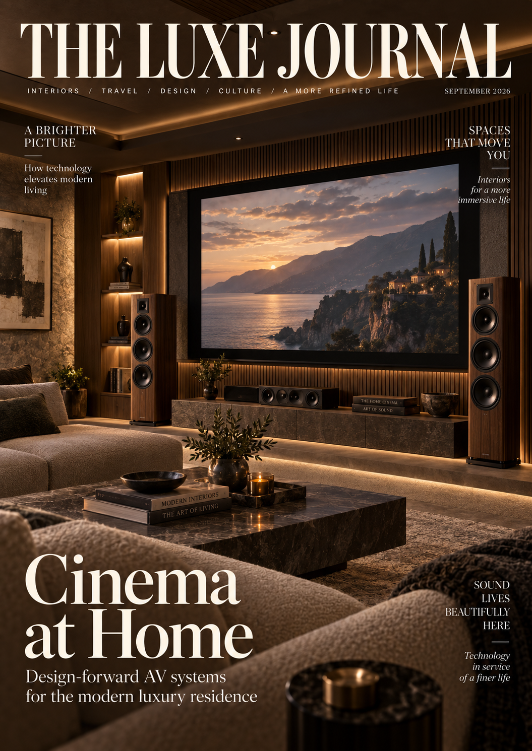 The Luxe Journal luxury home cinema cover featuring a large-screen AV system, statement speakers and tailored interiors