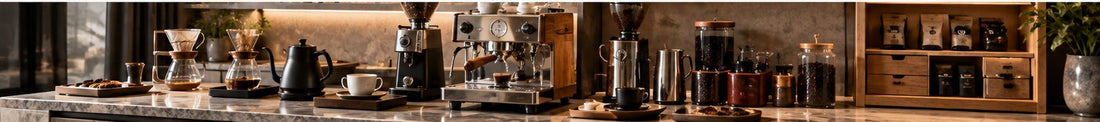 THE LUXE JOURNAL home coffee bar guide featuring espresso equipment, grinders, pour-over brewers and premium coffee accessories