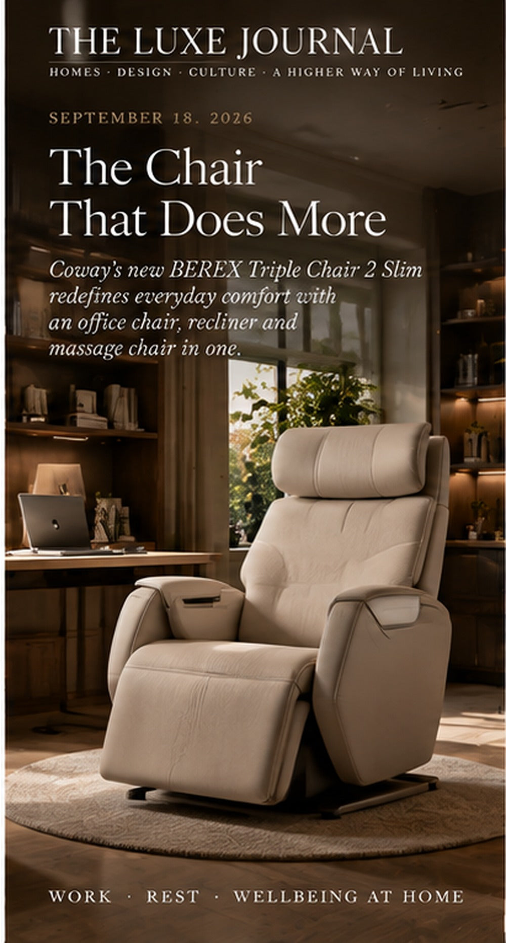 THE LUXE JOURNAL furniture news cover for Coway BEREX Triple Chair 2 Slim