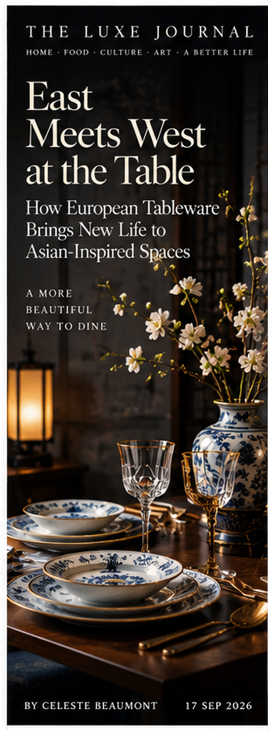 Luxury editorial cover blending European crystal and silver tableware with blue-and-white porcelain in an Eastern-inspired interior