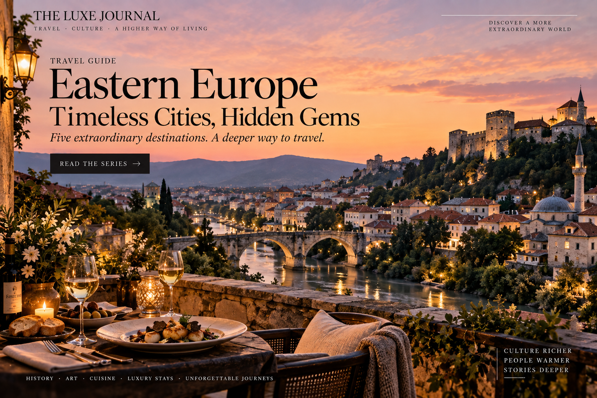 THE LUXE JOURNAL Serbia luxury travel guide featuring a historic riverside city, fortress and elegant dining at sunset