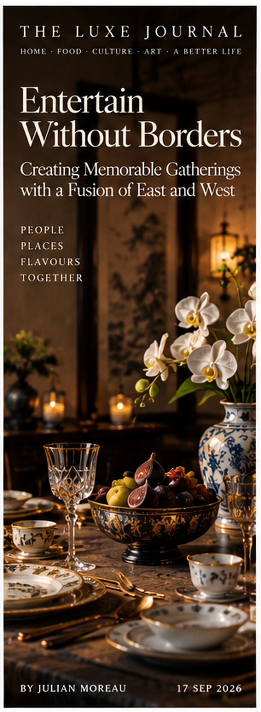 Luxury editorial cover showing a cross-cultural dining table with European crystal and Eastern-inspired decorative objects