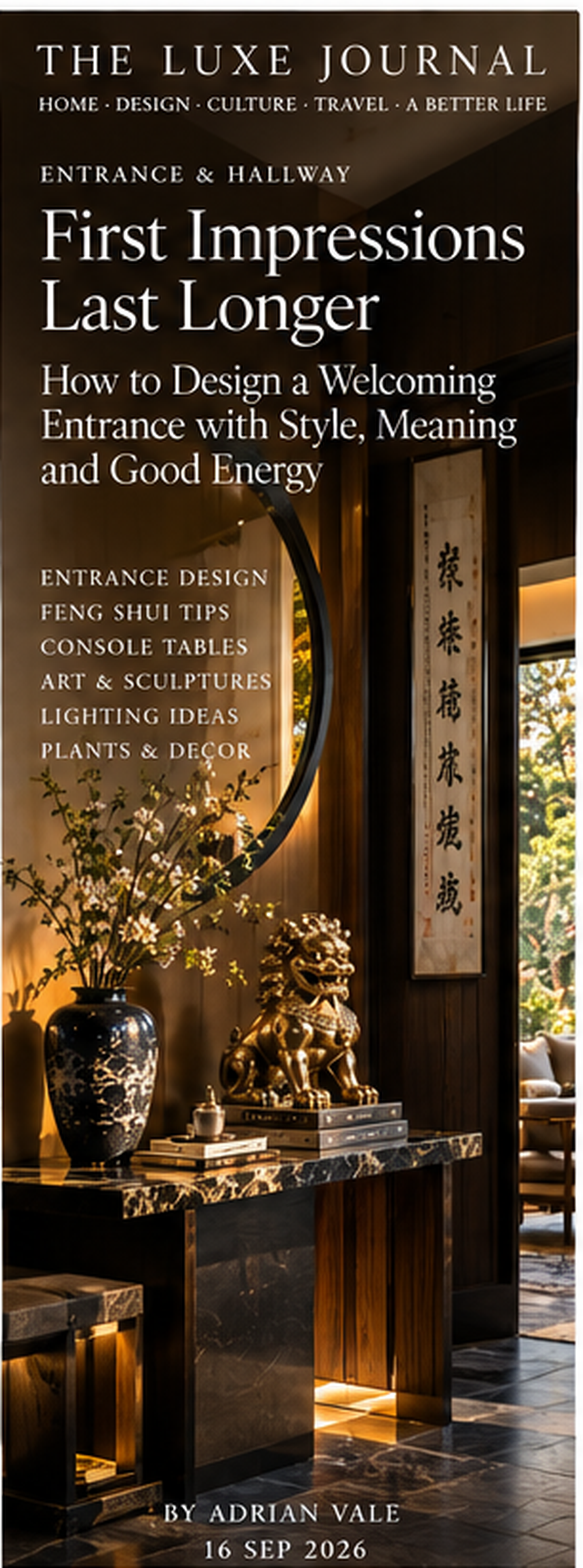 Luxury entryway and hallway interior design editorial cover with Chinese art, brass decor and warm architectural lighting